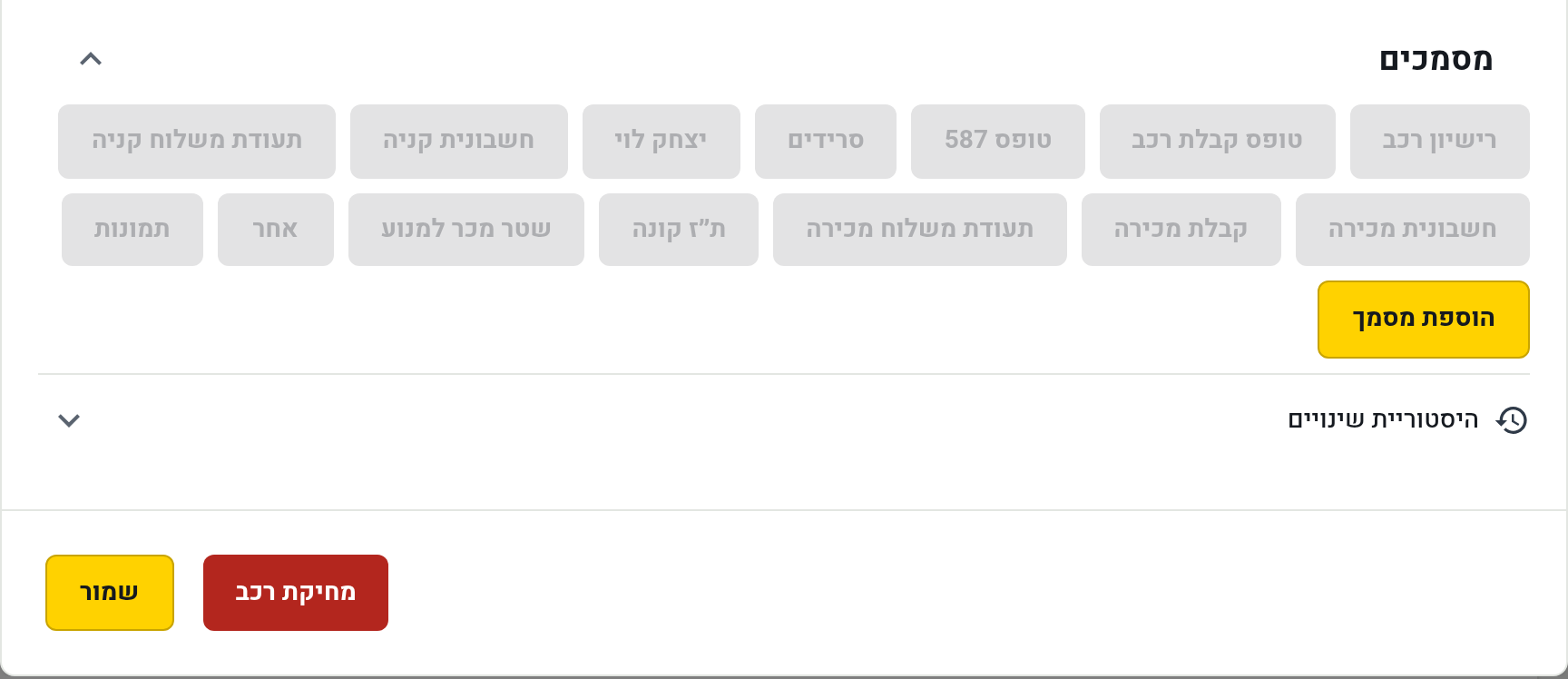 סוגי המסמכים של רכב: רישיון רכב, טופס 587, חשבונית קנייה, ייפוי כוח ועוד