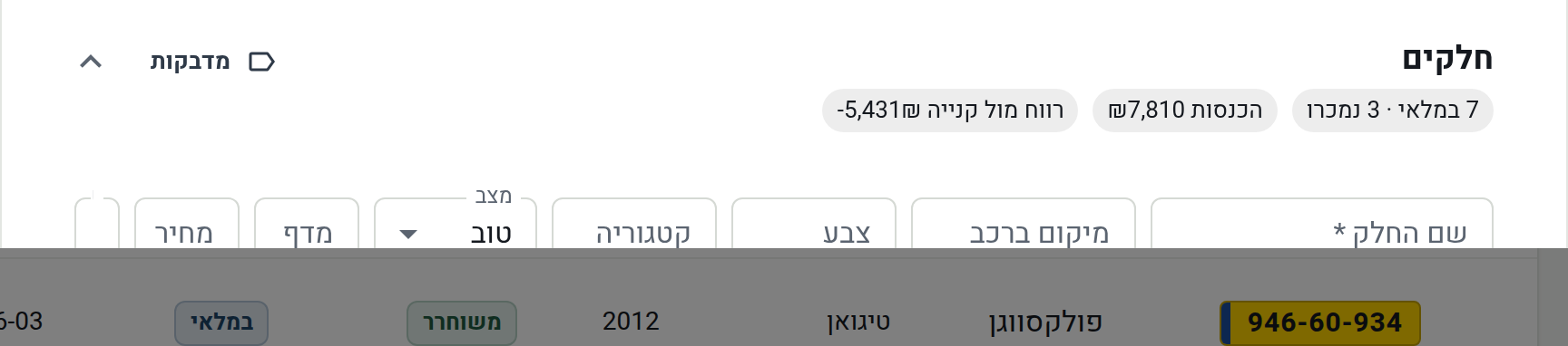 החלקים שפורקו מהרכב